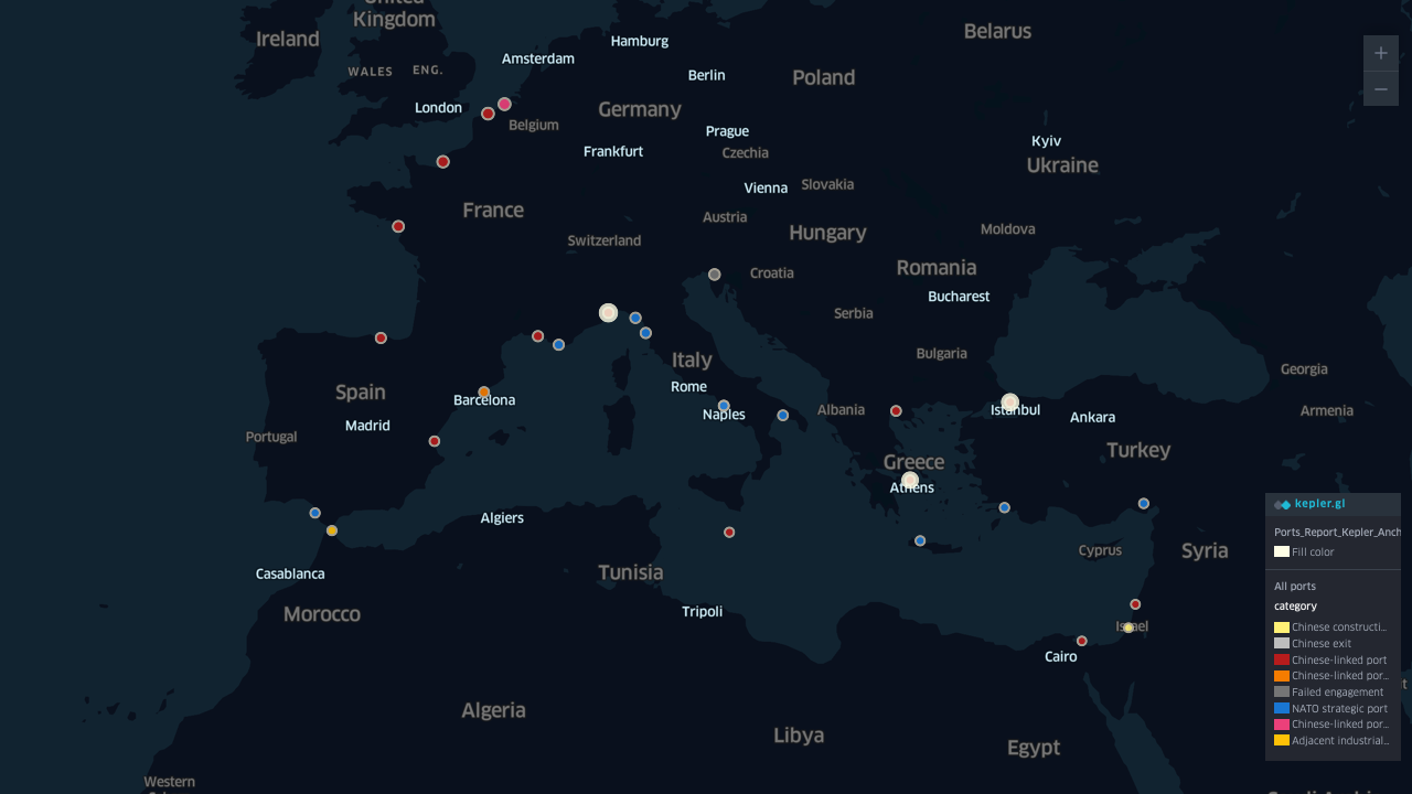Map of the Mediterranean and western Europe showing Chinese-linked
              container terminals, Chinese exits and failed engagements, NATO
              strategic ports and adjacent Chinese industrial investment, each
              plotted as a categorised point.